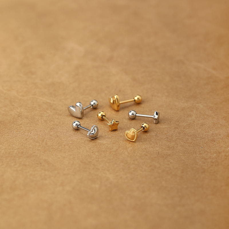 立体光版爱心星星钛钢小耳钉养耳洞免摘细针螺丝扣耳蜗耳廓耳骨钉
