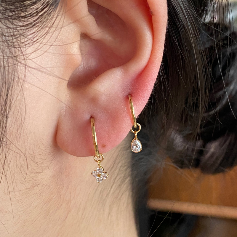 极简钛钢素圈吊微镶水滴圆锆小耳环四叶草锆石耳坠耳骨耳扣小耳圈