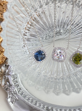 方形宝石925纯银可调节项链