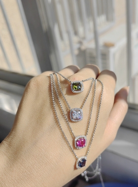 925纯银满镶方形宝石项链