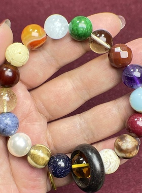 西藏瑟.十八籽手串带跑环朱砂原矿水晶天珠邦提克海蓝宝