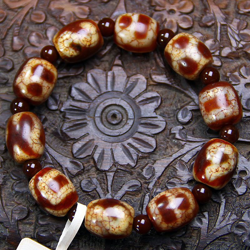 西藏宝源红玉髓天珠绝版手链20老矿三眼如意虎牙贵人