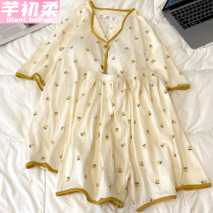 薄款 家居服套装 短袖 卡通可爱女士宿舍开衫 短裤 带胸垫睡衣女生夏季