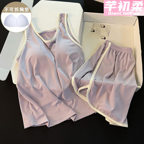 紫色夏天休闲新款短裤冰丝家居服