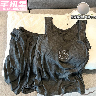 睡衣女夏季 冰丝螺纹莫代尔凉感卡通可爱家居服 带胸垫背心短裤 套装