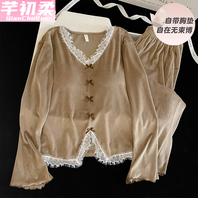 海岛绒睡衣女春秋冬季长袖花边