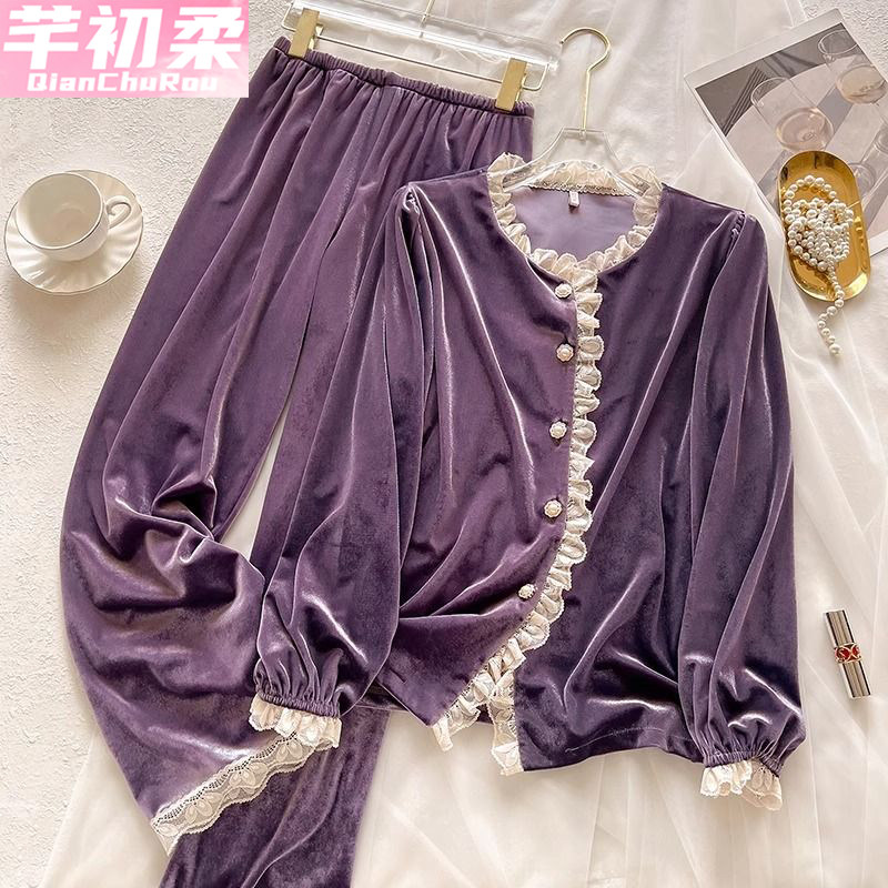 高级感金丝钻绒睡衣女春秋冬季娃娃领长袖长裤法式甜美家居服套装