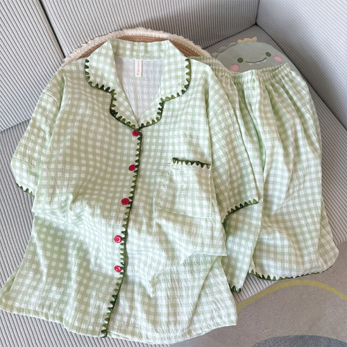 云朵棉睡衣女夏季甜美短袖翻领贝壳绣花工艺可外穿家居服2026新款