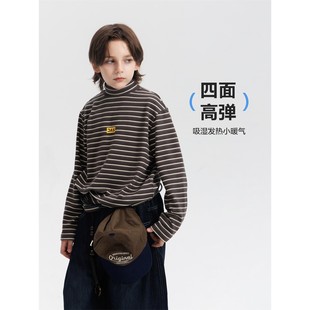 anothersky 男童秋冬德绒打底衫2025新款儿童条纹半高领长袖厚t恤