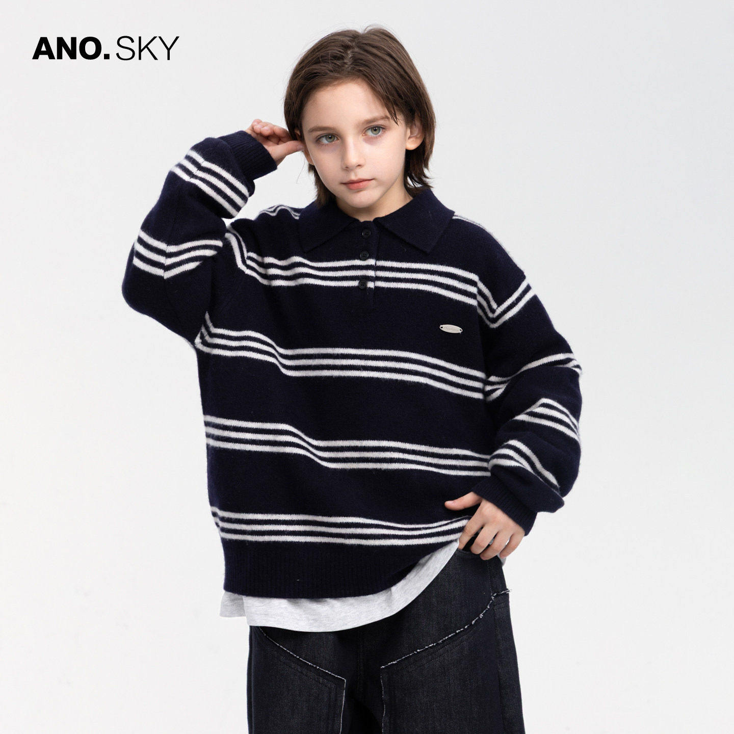 anothersky男童毛衣秋冬2025新款儿童加厚学院风polo领条纹针织衫