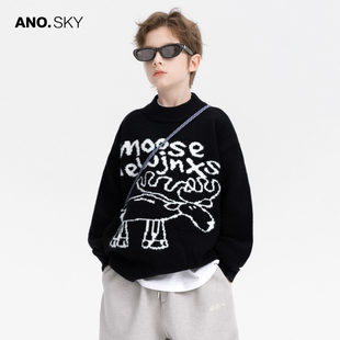 anothersky 男童冬季黑色加厚半高领针织毛线衣2025新款儿童上衣