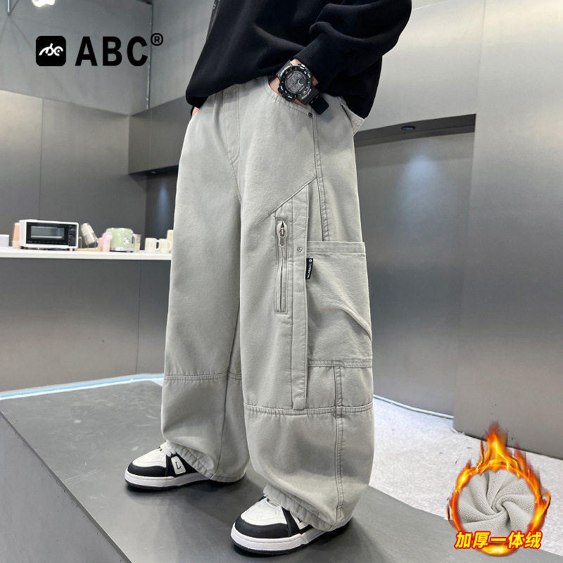 ABC男童一体绒工装裤中大童秋冬加厚阔腿裤6-12岁男孩加绒直筒裤,童装/婴儿装/亲子装,工装裤,淘宝优惠券,粉丝福利购,淘宝优惠卷