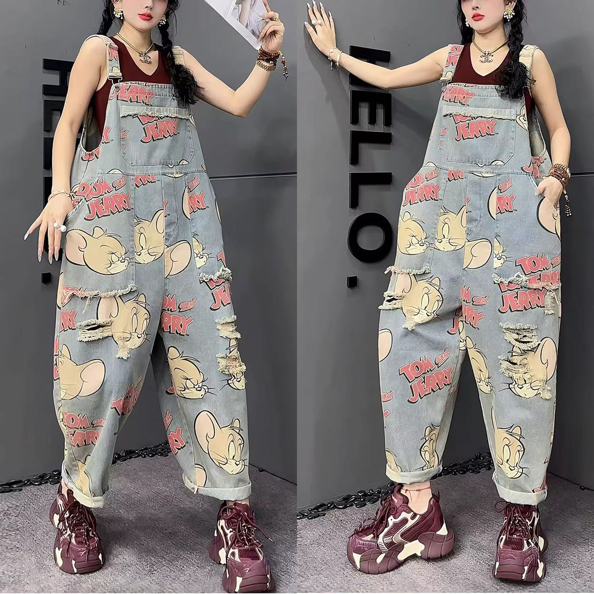 夏秋新款时尚印花牛仔背带裤女宽松九分阔腿裤减龄遮肉显瘦休闲裤