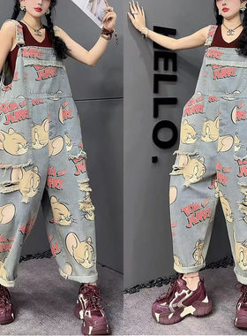 秋冬新款时尚印花牛仔背带裤女宽松九分阔腿裤减龄遮肉显瘦休闲裤