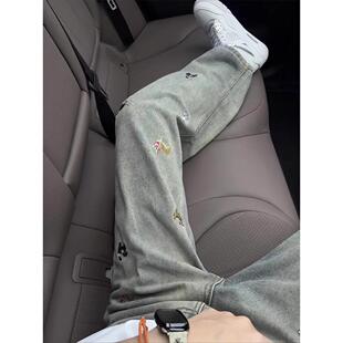 美式高街刺绣牛仔裤男cleanfit设计感裤子直筒微喇宽松阔腿裤