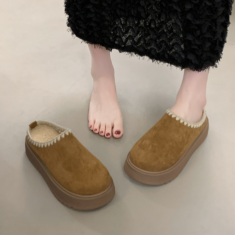 2025秋冬时尚厚底加绒一脚蹬舒适女勃肯百搭配裙子棉拖