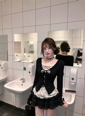 【瑞茜】黑曼巴 秋季辣妹纯欲风显瘦修身长袖上衣半裙R1099T