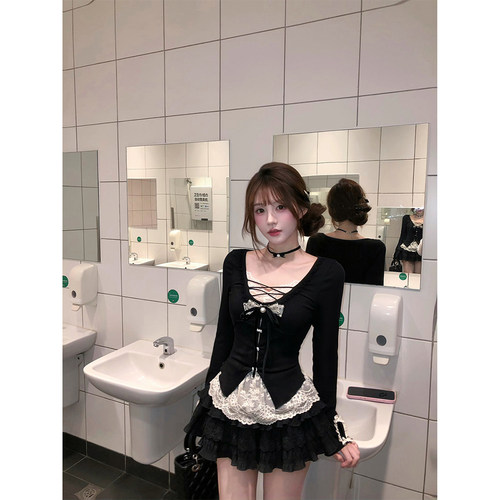 【瑞茜】黑曼巴 秋季辣妹纯欲风显瘦修身长袖上衣半裙R1099T