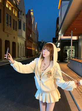 【瑞茜】软萌小熊 秋甜美宽松小众设计连帽卫衣半裙 R9279-1D