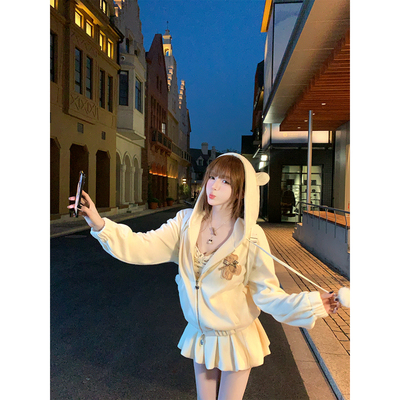 【瑞茜】软萌小熊 秋甜美宽松小众设计连帽卫衣半裙 R9279-1D