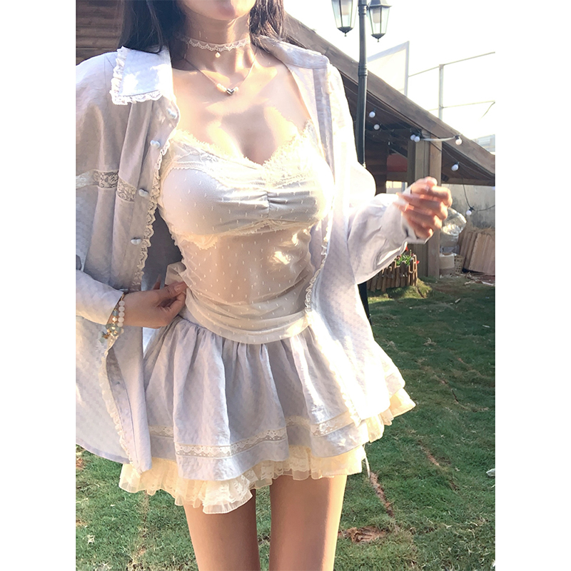 【瑞茜】春季休闲小众宽松衬衫性感镂空背心短裙R9157D