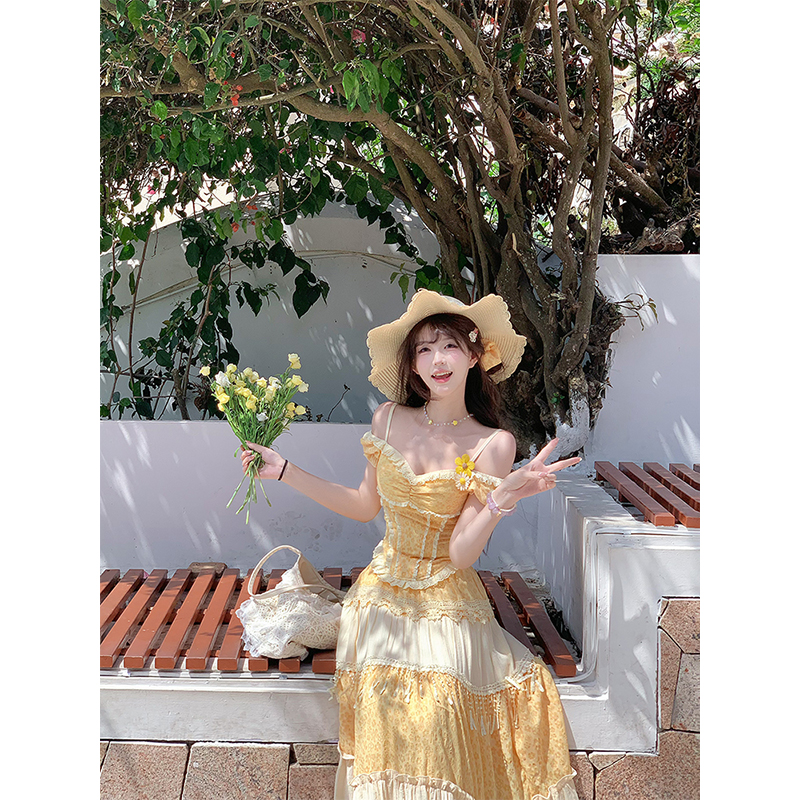 【瑞茜】向日葵的花语 夏季宫廷重工显瘦拼接上衣半裙R3405-1W