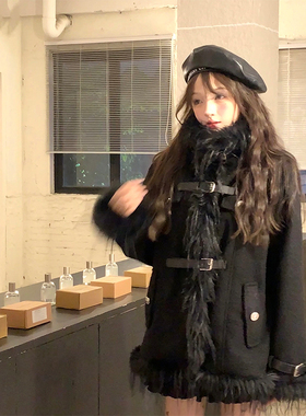 【瑞茜】纯野猫系 网红纯欲风冬季设加厚黑色毛呢外套R6190-1H