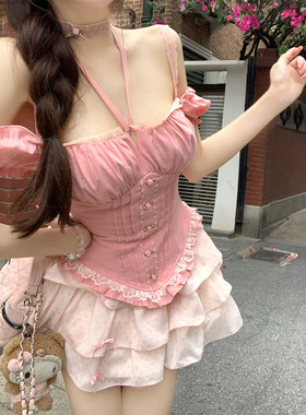 【瑞茜】粉樱赴春 夏季甜美显瘦短袖甜美穿搭上衣半裙 R50016-1X