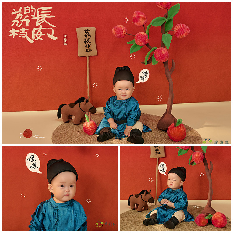蓝色连体汉服周岁宝宝拍照衣服