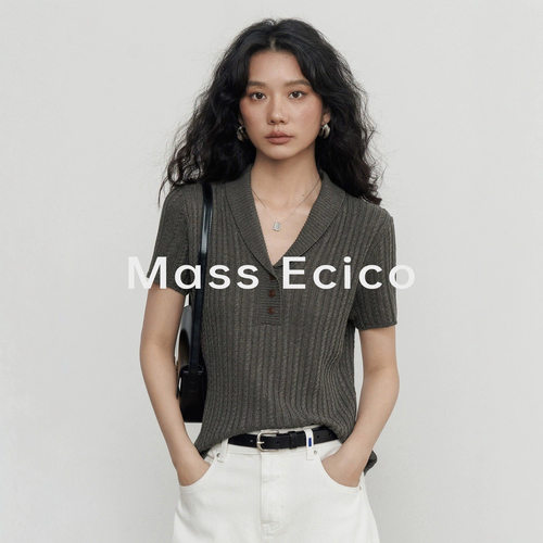 Mass Ecico老钱风天丝亚麻灰色短袖V领针织衫女夏季高级T恤上衣