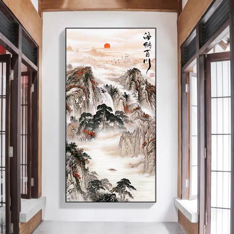 新中式玄关装饰画竖版走廊过道山水国画招财客厅挂画水墨晶瓷壁画
