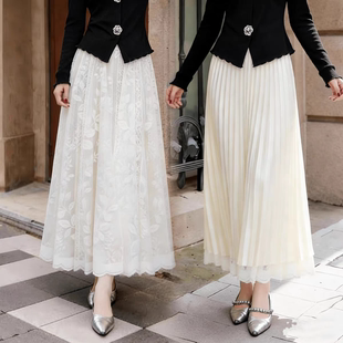 百褶半身裙气质显瘦遮肉长裙半身裙纱裙子 白色蕾丝 正反两穿