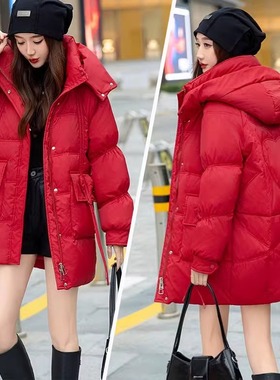 红色羽绒服中长款女2025冬季新款设计感桃心加厚白鸭绒宽松pf外套