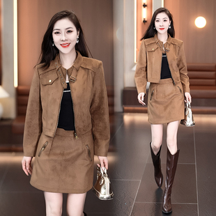 时尚麂皮绒套装裙女2025秋冬新款时髦洋气短夹克外套半身裙两件套