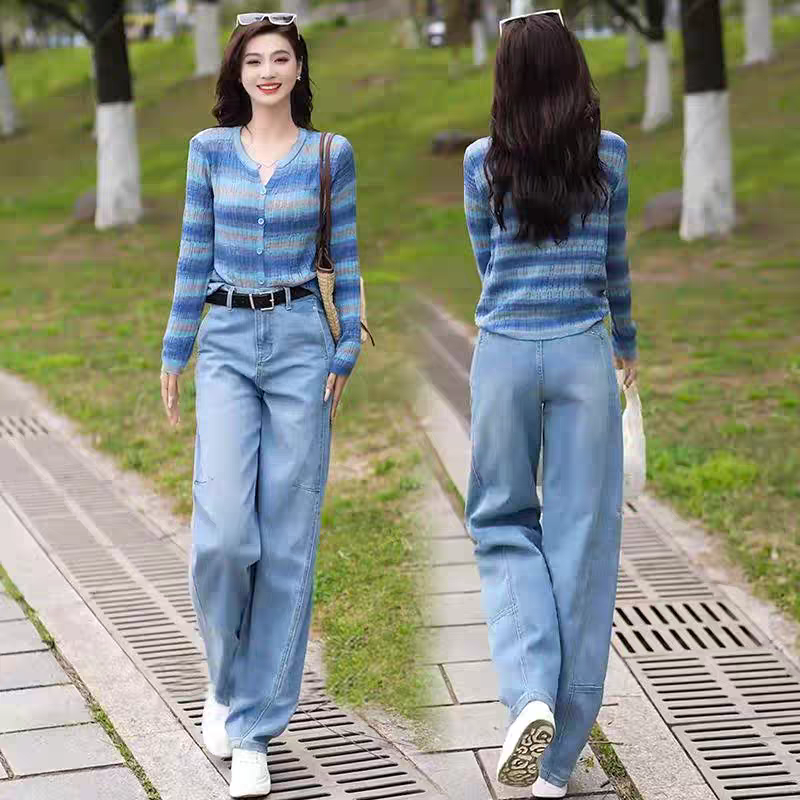 浅色牛仔裤春夏裤子女款2025新款爆款胖mm大码显瘦阔腿镰刀弯刀裤