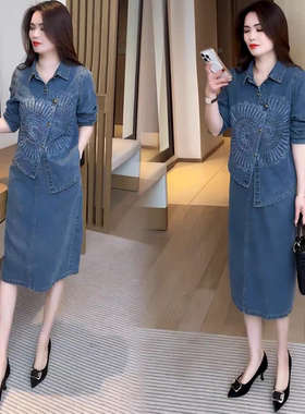 时尚牛仔套装裙女士春装新款气质显瘦不规则衬衫显瘦半身裙两件套
