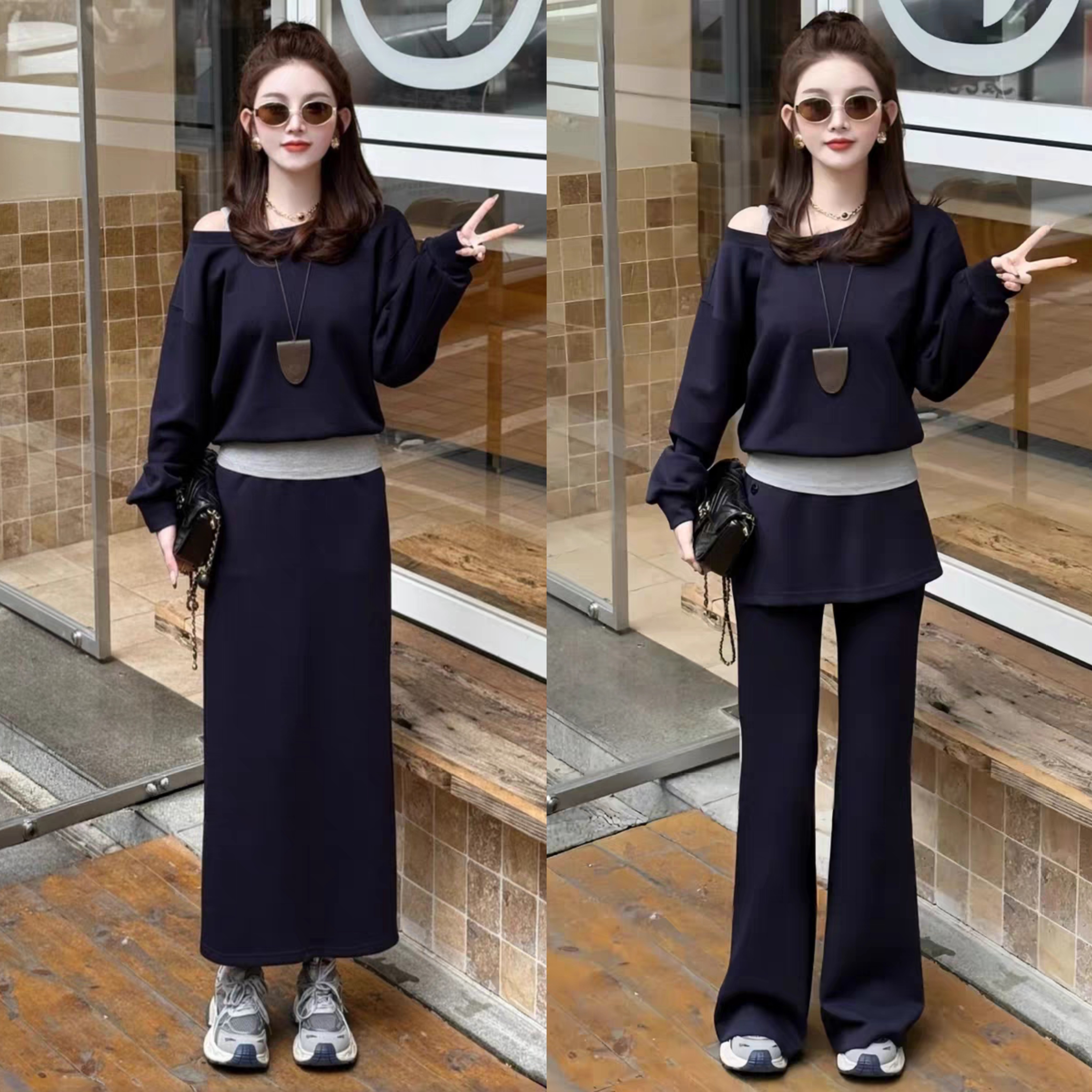 时尚减龄套装女士春季新款假两件拼接露肩卫衣套裙微喇叭裤两件套