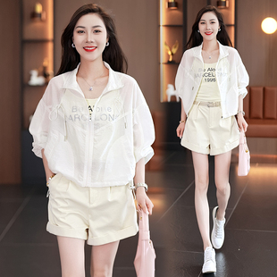 小个子长袖高腰短袖套装女时尚减龄洋气运动服宽松防晒三件套