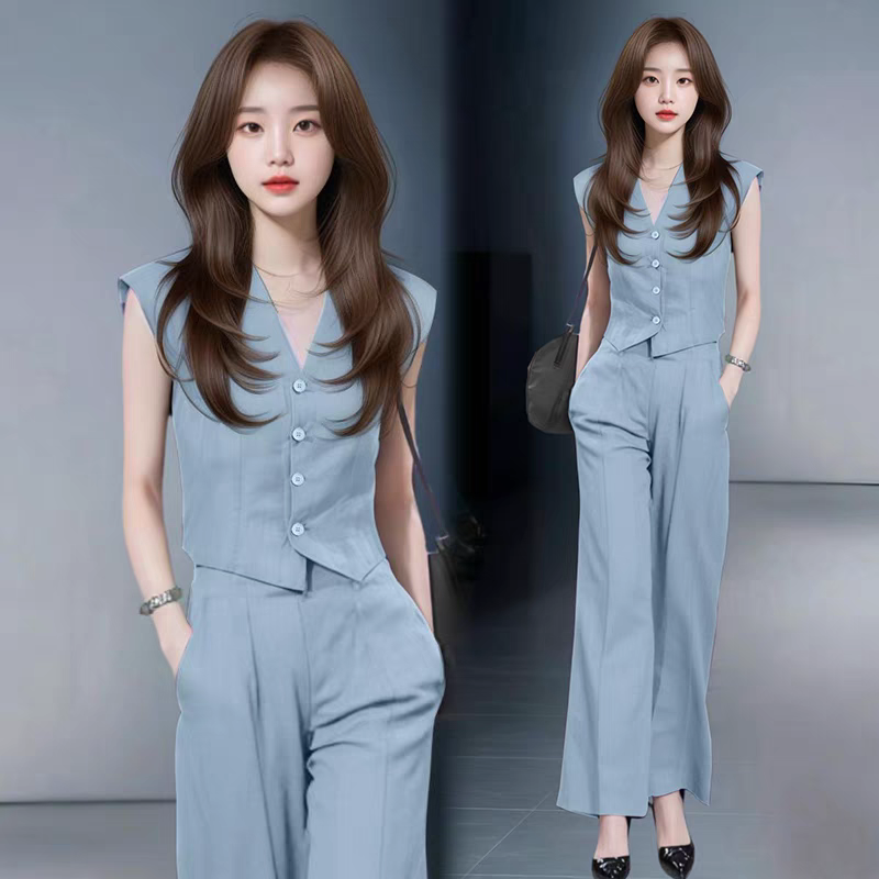 时尚套装女2025夏季新款时髦洋气质显瘦V领短袖上衣阔腿裤两件套
