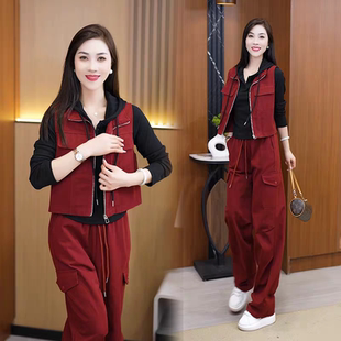 裤 潮流连帽卫衣马甲阔腿裤 套装 时尚 三件套 女2026春秋新款 休闲工装