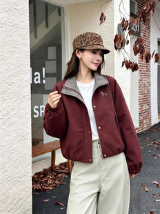 酒红色韩版立领短款棉衣棉服女秋冬新款宽松百搭休闲外套夹克上衣