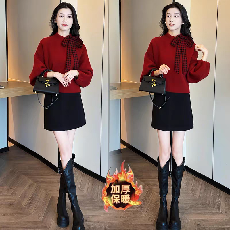 时尚套装女2025冬季新款洋气格纹扭结后排扣毛衣毛呢半身裙两件套,女装/女士精品,时尚套装,淘宝优惠券,粉丝福利购,淘宝优惠卷