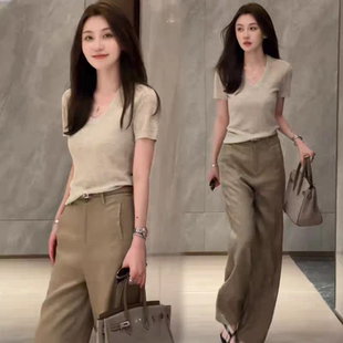 时尚套装女2026夏季新款时髦洋气V领冰丝针织上衣阔腿裤两件套潮