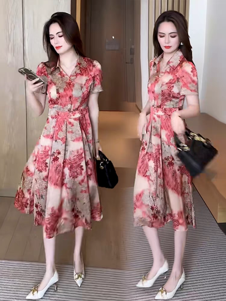 夏天短袖连衣裙女中长款2025新款小个子时尚气质爆款收腰显瘦裙子