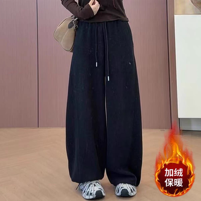 2025超火的加绒裤子女今年流行爆款冬季加厚灰色休闲阔腿弯刀裤子