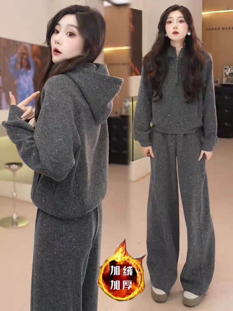加绒加厚时尚运动套装女冬季新款洋气显瘦连帽卫衣阔腿裤两件套潮