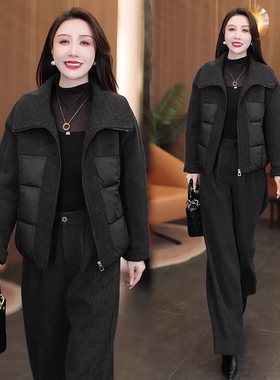 时尚毛呢拼接套装女冬季新款洋气减龄加厚设计感棉衣阔腿裤两件套