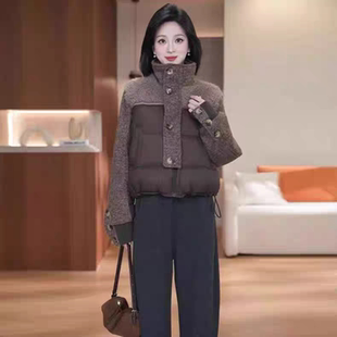 时尚短款羽绒棉服女冬季新款洋气显瘦加厚羊羔毛拼接立领棉袄外套