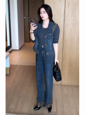 时尚休闲牛仔套装女秋季新款洋气显瘦马甲阔腿裤小个子百搭两件套