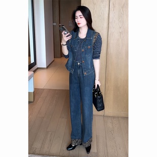 时尚休闲牛仔套装女秋季新款洋气显瘦马甲阔腿裤小个子百搭两件套